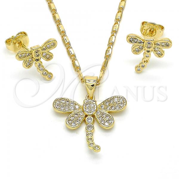 Oro Laminado Earring and Pendant Adult Set, Gold Filled Style Dragon-Fly Design, with White Micro Pave, Polished, Golden Finish, 10.156.0148