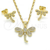 Oro Laminado Earring and Pendant Adult Set, Gold Filled Style Dragon-Fly Design, with White Micro Pave, Polished, Golden Finish, 10.156.0148