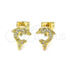 Oro Laminado Stud Earring, Gold Filled Style Dolphin Design, with White Micro Pave, Polished, Golden Finish, 02.342.0114