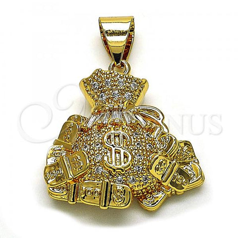 Oro Laminado Fancy Pendant, Gold Filled Style Money Sign Design, with White Micro Pave and White Cubic Zirconia, Polished, Golden Finish, 05.342.0144