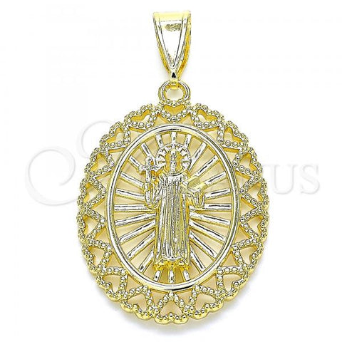 Oro Laminado Religious Pendant, Gold Filled Style San Benito and Heart Design, Polished, Golden Finish, 05.253.0106