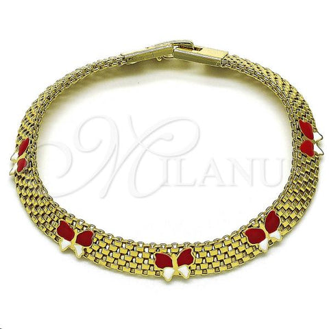 Oro Laminado Fancy Bracelet, Gold Filled Style Butterfly and Bismark Design, Red Enamel Finish, Golden Finish, 03.331.0216.08