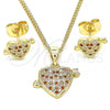 Oro Laminado Earring and Pendant Adult Set, Gold Filled Style Heart Design, with Garnet and White Micro Pave, Polished, Golden Finish, 10.156.0290.1
