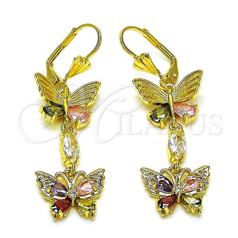 Oro Laminado Long Earring, Gold Filled Style Butterfly Design, with Multicolor Cubic Zirconia, Polished, Golden Finish, 02.387.0116.1