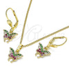 Oro Laminado Earring and Pendant Adult Set, Gold Filled Style Butterfly Design, with Multicolor Micro Pave, Polished, Golden Finish, 10.210.0148.1