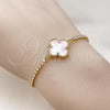 Oro Laminado Adjustable Bolo Bracelet, Gold Filled Style Four-leaf Clover and Box Design, with Pink Mother of Pearl and White Cubic Zirconia, Polished, Golden Finish, 03.341.0235.2.11