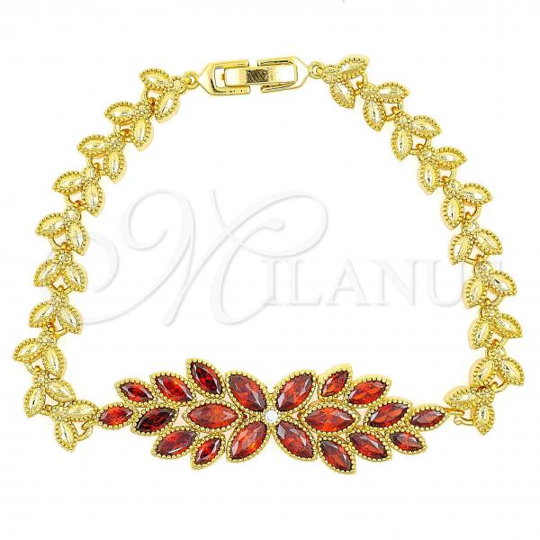 Oro Laminado Fancy Bracelet, Gold Filled Style Flower and Leaf Design, with Garnet and White Cubic Zirconia, Polished, Golden Finish, 03.206.0017.07