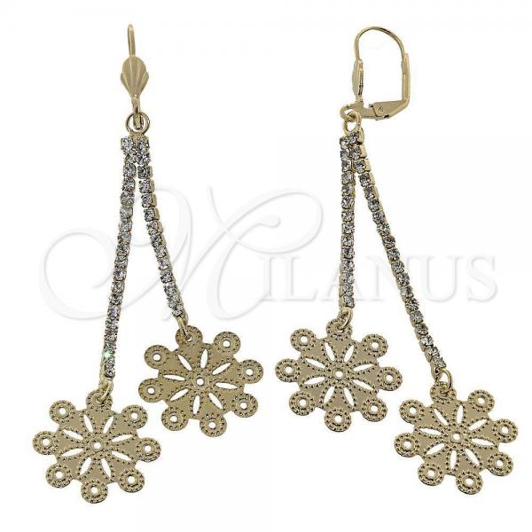 Oro Laminado Long Earring, Gold Filled Style Flower Design, with White Cubic Zirconia, Diamond Cutting Finish, Golden Finish, 5.075.002