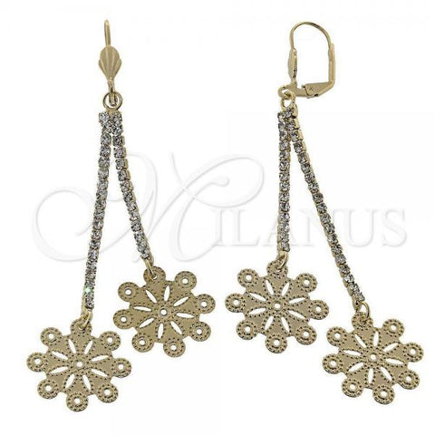 Oro Laminado Long Earring, Gold Filled Style Flower Design, with White Cubic Zirconia, Diamond Cutting Finish, Golden Finish, 5.075.002