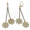 Oro Laminado Long Earring, Gold Filled Style Flower Design, with White Cubic Zirconia, Diamond Cutting Finish, Golden Finish, 5.075.002