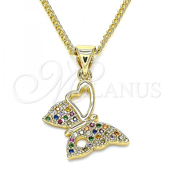 Oro Laminado Pendant Necklace, Gold Filled Style Butterfly Design, with Multicolor Micro Pave, Polished, Golden Finish, 04.156.0318.3.20