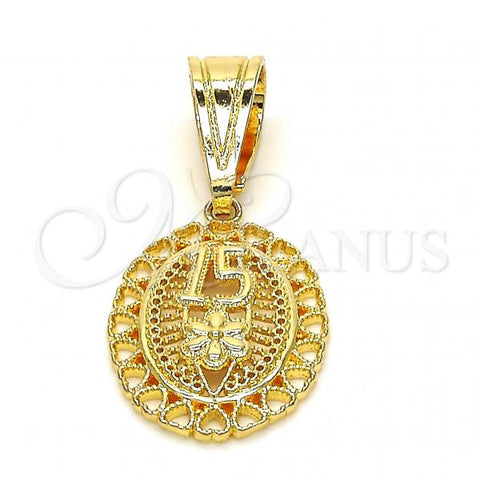 Oro Laminado Fancy Pendant, Gold Filled Style Flower and Heart Design, Polished, Golden Finish, 05.120.0085