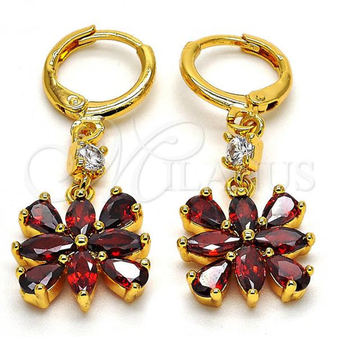 Oro Laminado Long Earring, Gold Filled Style with Garnet and White Cubic Zirconia, Polished, Golden Finish, 02.206.0030