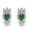 Rhodium Plated Huggie Hoop, Owl Design, with Green and White Cubic Zirconia, Polished, Rhodium Finish, 02.210.0158.6.15
