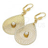 Oro Laminado Dangle Earring, Gold Filled Style Leaf and Filigree Design, with White Crystal, Diamond Cutting Finish, Golden Finish, 73.006