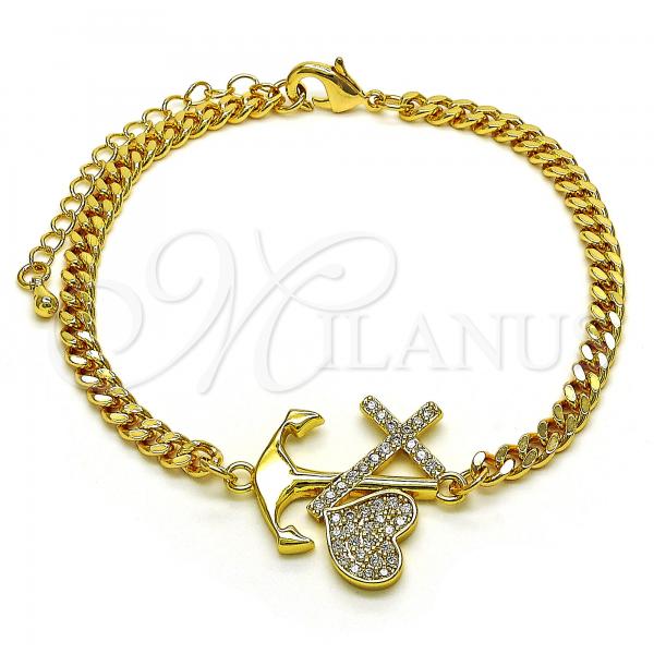 Oro Laminado Fancy Bracelet, Gold Filled Style Anchor and Cross Design, with White Micro Pave, Polished, Golden Finish, 03.341.0180.08