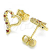 Oro Laminado Stud Earring, Gold Filled Style Heart Design, with Garnet and White Cubic Zirconia, Polished, Golden Finish, 02.156.0526.1