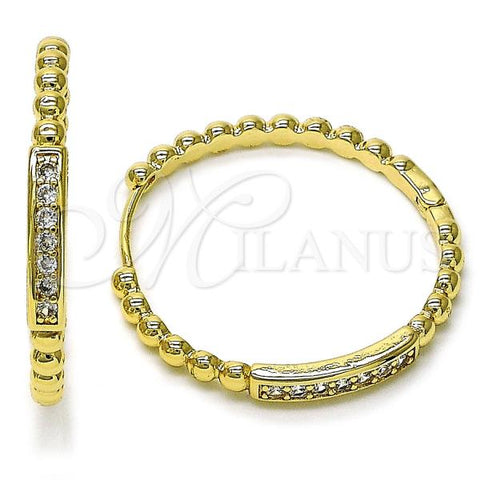 Oro Laminado Huggie Hoop, Gold Filled Style Ball Design, with White Cubic Zirconia, Polished, Golden Finish, 02.204.0029.35