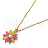 Oro Laminado Pendant Necklace, Gold Filled Style Flower Design, with White Crystal, Multicolor Enamel Finish, Golden Finish, 04.213.0040.1.16