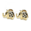 Oro Laminado Stud Earring, Gold Filled Style Elephant and Crown Design, with Black and White Micro Pave, Polished, Golden Finish, 02.185.0009.2