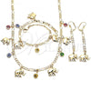 Oro Laminado Necklace, Bracelet and Earring, Gold Filled Style Elephant and Evil Eye Design, Multicolor Resin Finish, Golden Finish, 06.213.0009