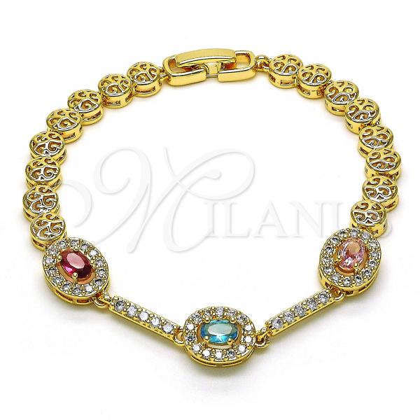 Oro Laminado Fancy Bracelet, Gold Filled Style with Multicolor Cubic Zirconia and White Micro Pave, Polished, Golden Finish, 03.283.0240.07