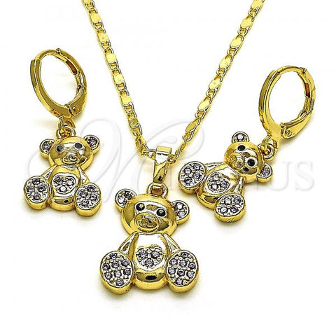 Oro Laminado Earring and Pendant Adult Set, Gold Filled Style Teddy Bear Design, with Black Cubic Zirconia and Amethyst Micro Pave, Polished, Golden Finish, 10.196.0036