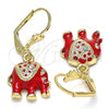 Oro Laminado Dangle Earring, Gold Filled Style Elephant Design, with White Crystal, Red Enamel Finish, Golden Finish, 02.351.0058.1