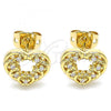 Oro Laminado Stud Earring, Gold Filled Style Heart Design, with White Micro Pave, Polished, Golden Finish, 02.342.0102