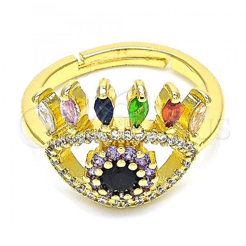 Oro Laminado Multi Stone Ring, Gold Filled Style Evil Eye Design, with Multicolor Micro Pave, Polished, Golden Finish, 01.368.0014 (One size fits all)