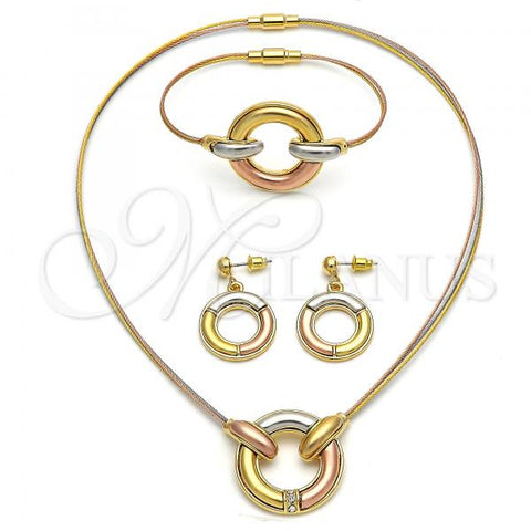 Oro Laminado Necklace, Bracelet and Earring, Gold Filled Style with White Crystal, Polished, Tricolor, 06.333.0005
