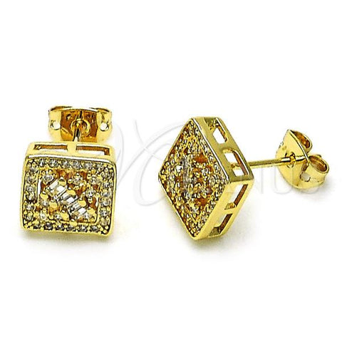 Oro Laminado Stud Earring, Gold Filled Style Baguette Design, with White Micro Pave and White Cubic Zirconia, Polished, Golden Finish, 02.342.0296