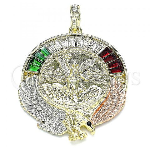 Oro Laminado Religious Pendant, Gold Filled Style Centenario Coin and Angel Design, with Garnet and Green Crystal, Polished, Tricolor, 05.380.0029.1