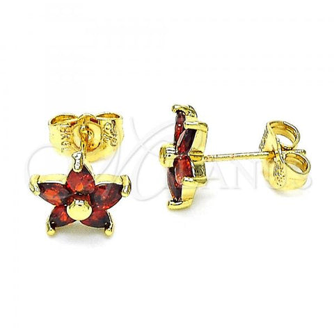 Oro Laminado Stud Earring, Gold Filled Style Flower Design, with Garnet Cubic Zirconia, Polished, Golden Finish, 02.310.0024.2