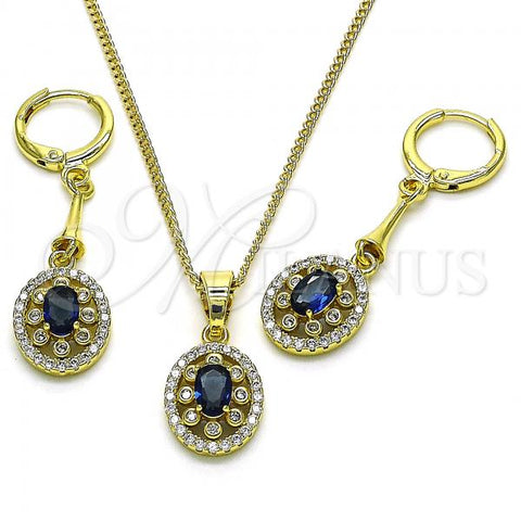 Oro Laminado Earring and Pendant Adult Set, Gold Filled Style with Sapphire Blue Cubic Zirconia and White Micro Pave, Polished, Golden Finish, 10.387.0009.2