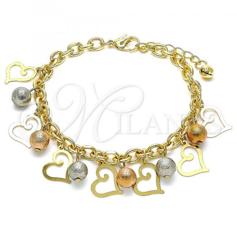 Oro Laminado Basic Bracelet, Gold Filled Style Ball and Heart Design, Matte Finish, Tricolor, 03.331.0188.08