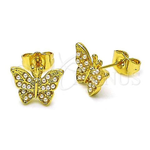 Oro Laminado Stud Earring, Gold Filled Style Butterfly Design, with Ivory Pearl, Polished, Golden Finish, 02.379.0076