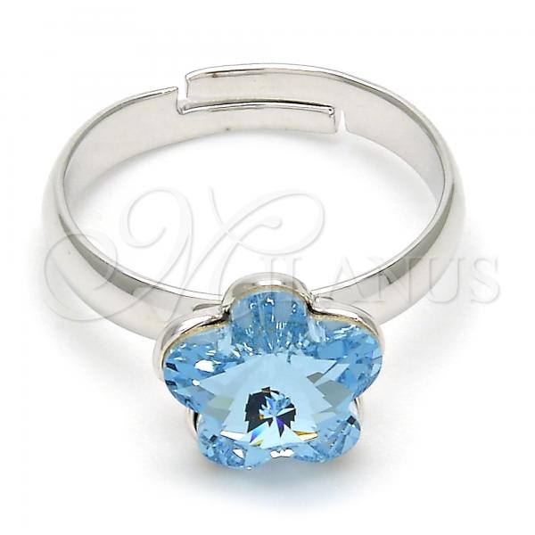 Rhodium Plated Multi Stone Ring, Flower Design, with Aquamarine Swarovski Crystals, Polished, Rhodium Finish, 01.239.0010.2 (One size fits all)