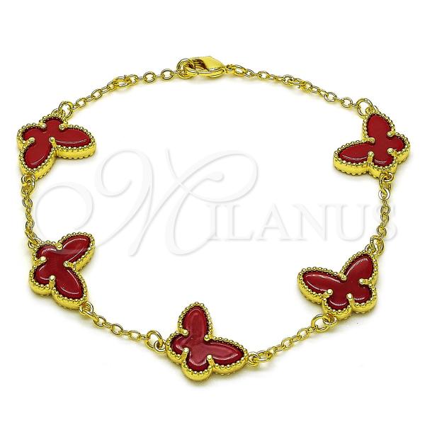 Oro Laminado Fancy Bracelet, Gold Filled Style Butterfly and Rolo Design, with Garnet Opal, Polished, Golden Finish, 03.313.0042.2.08