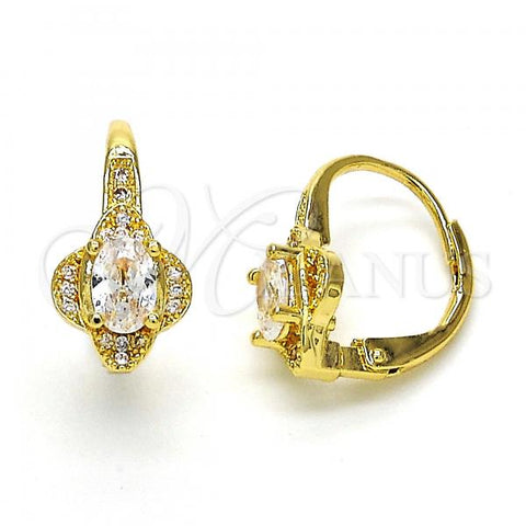 Oro Laminado Leverback Earring, Gold Filled Style with White Cubic Zirconia and White Micro Pave, Polished, Golden Finish, 02.195.0065