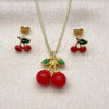 Oro Laminado Earring and Pendant Adult Set, Gold Filled Style Cherry and Box Design, Red Enamel Finish, Golden Finish, 10.417.0022