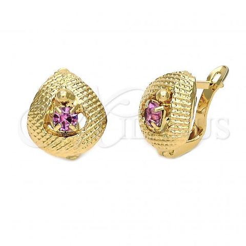 Oro Laminado Leverback Earring, Gold Filled Style Teardrop Design, with Lavender Cubic Zirconia, Diamond Cutting Finish, Golden Finish, 5.127.047