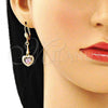 Oro Laminado Long Earring, Gold Filled Style Heart Design, with Pink and White Cubic Zirconia, Polished, Golden Finish, 02.387.0043