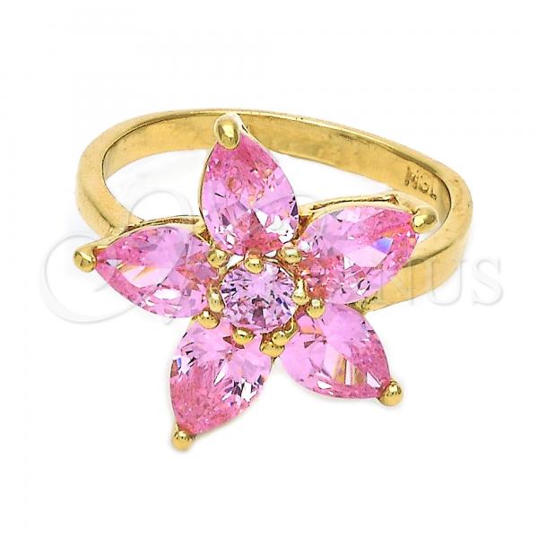 Oro Laminado Elegant Ring, Gold Filled Style Flower Design, with Rhodolite Cubic Zirconia, Polished, Golden Finish, 5.171.028.09 (Size 9)