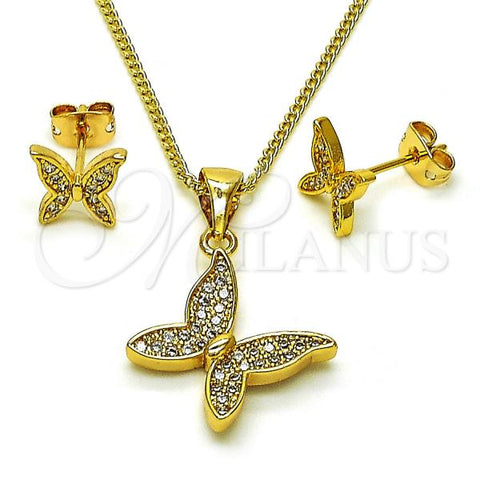 Oro Laminado Earring and Pendant Adult Set, Gold Filled Style Butterfly Design, with White Micro Pave, Polished, Golden Finish, 10.342.0135