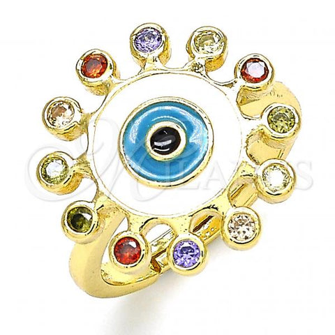 Oro Laminado Multi Stone Ring, Gold Filled Style Evil Eye Design, with Multicolor Micro Pave, White Enamel Finish, Golden Finish, 01.368.0013.1 (One size fits all)