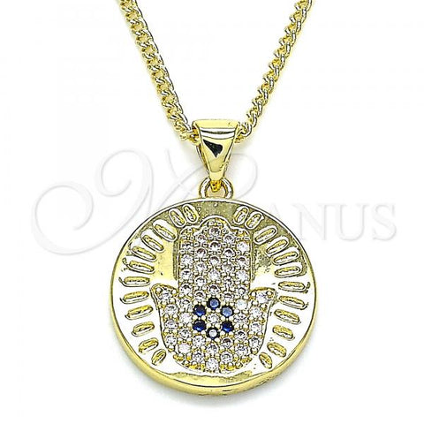 Oro Laminado Pendant Necklace, Gold Filled Style Hand of God Design, with Sapphire Blue and White Micro Pave, Polished, Golden Finish, 04.156.0402.20