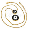 Oro Laminado Pendant Necklace, Gold Filled Style Evil Eye and Box Design, Black Enamel Finish, Golden Finish, 04.60.0007.1.18