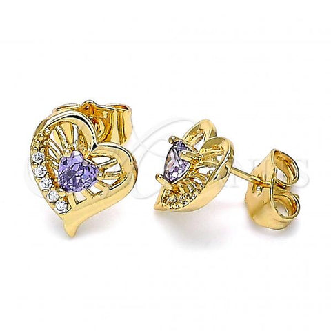 Oro Laminado Stud Earring, Gold Filled Style Heart Design, with Amethyst and White Cubic Zirconia, Polished, Golden Finish, 02.387.0013.1