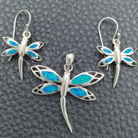 Sterling Silver Earring and Pendant Adult Set, Dragon-Fly Design, with Bermuda Blue Opal, Polished, Silver Finish, 10.391.0020
